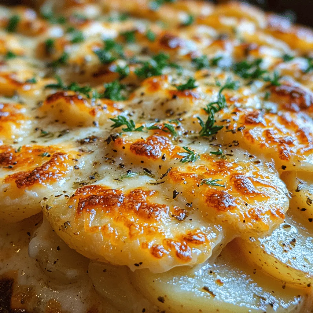 Scalloped potatoes have long been celebrated as a quintessential comfort food, cherished for their creamy texture and rich flavors. This beloved dish has graced dinner tables for generations, often serving as the perfect accompaniment to holiday feasts or cozy family dinners. Among the various interpretations of this classic dish, <strong>Cheesy Herb Scalloped Potatoes</strong> stand out, combining layers of tender potatoes with a luscious cheese sauce infused with aromatic herbs. The result is a dish that is not only delicious but also visually appealing, making it a favorite for both casual meals and festive gatherings.” /></p>
</p>
<h3>Making the Cream Sauce</h3>
</p>
<p>To create the perfect cream sauce for your Cheesy Herb Scalloped Potatoes, start by melting butter in a medium saucepan over medium heat. Once the butter is melted, add minced garlic and sauté for about a minute until fragrant but not browned. This initial step is crucial as it infuses the butter with a rich garlic flavor, setting the foundation for your sauce.</p>
</p>
<p>Next, sprinkle in the flour and whisk continuously for about 2-3 minutes. This process is essential to cook off the raw flour taste, resulting in a smooth, lump-free sauce. Gradually pour in the heavy cream while whisking to ensure an even mixture. The key here is to allow the cream to thicken slightly; this will take about 5-7 minutes of simmering over medium-low heat. Stir in your chosen herbs—fresh thyme and rosemary work beautifully—and season with salt and pepper to taste. The simmering stage not only thickens the sauce but also allows the flavors to meld together, creating a decadent base for your scalloped potatoes.</p>
</p>
<p>As the sauce simmers, it’s important to keep an eye on it, stirring occasionally to prevent sticking and burning at the bottom. Once thickened and creamy, remove the sauce from the heat and mix in half of the grated cheese, allowing it to melt completely. This will enhance the creaminess and add a cheesy flavor that complements the potatoes perfectly.</p>
</p>
<h3>Layering the Dish</h3>
</p>
<p>Layering the potatoes and cream sauce correctly is vital for achieving that perfect blend of flavors and textures. Begin by greasing a 9×13 inch baking dish with butter or cooking spray to prevent sticking. Start with a layer of thinly sliced potatoes, ensuring they overlap slightly for even cooking. This technique not only adds visual appeal but also helps the potatoes cook uniformly.</p>
</p>
<p>Once you have your first layer, pour a portion of the cream sauce over the potatoes, making sure to cover them well. Follow this with a sprinkle of cheese and a few pinches of your chosen herbs. Repeat this process, layering potatoes, cream sauce, and cheese until you reach the top of the dish. The final layer should consist of cream sauce topped with the remaining cheese. This layering method ensures that every bite is filled with the rich, cheesy goodness you crave.</p>
</p>
<p>For an added touch, consider using a mandoline to slice your potatoes uniformly. This not only makes for beautifully even layers but also helps the potatoes cook evenly, resulting in a tender texture throughout.</p>
</p>
<h3>Baking the Dish</h3>
</p>
<p>Baking your Cheesy Herb Scalloped Potatoes to perfection is a crucial step in the process. Preheat your oven to 375°F (190°C) and cover the baking dish with aluminum foil. This is essential to trap steam, allowing the potatoes to cook through and soften without drying out. Bake for the first 45 minutes covered, then remove the foil for the final 15-20 minutes of baking. This uncovered phase is where the magic happens; the cheese will bubble and turn a beautiful golden brown, creating a delicious crust on top.</p>
</p>
<p>Keep an eye on the dish as it bakes. If you notice the top is browning too quickly, you can loosely cover it with foil again to prevent burning. The total baking time should be around 60-70 minutes, but this can vary depending on the thickness of your potato slices. To check for doneness, insert a fork or knife into the center; it should glide through the layers without resistance.</p>
</p>
<h3>Resting and Serving</h3>
</p>
<p>Once your Cheesy Herb Scalloped Potatoes are out of the oven, resist the urge to dive in immediately. Allowing the dish to rest for at least 10-15 minutes is crucial. This resting period allows the cream sauce to thicken further and settle, making it easier to serve and ensuring that each portion holds its shape. It also enhances the flavors, giving the herbs a chance to really infuse into the dish.</p>
</p>
<p>When ready to serve, cut the scalloped potatoes into squares or wedges with a sharp knife. For a beautiful presentation, use a spatula to lift each piece onto a plate, ensuring you scoop up some of that luscious cream sauce along with the potatoes.</p>
</p>
<h3>Garnishing</h3>
</p>
<p>To elevate your Cheesy Herb Scalloped Potatoes and add a fresh touch, consider garnishing with a sprinkle of chopped fresh herbs such as parsley, chives, or additional thyme. Not only do these herbs provide a vibrant color contrast against the creamy potatoes, but they also add a burst of fresh flavor that balances the richness of the dish. A light drizzle of olive oil can also enhance the presentation and flavor profile, giving it a gourmet touch.</p>
</p>
<h3>Nutritional Information</h3>
</p>
<p>Understanding the nutritional value of your Cheesy Herb Scalloped Potatoes can help you incorporate them into a balanced diet. The primary ingredients—potatoes, heavy cream, cheese, and butter—offer a variety of nutrients. Potatoes are an excellent source of vitamins C and B6, potassium, and dietary fiber. The cream and cheese contribute calcium and protein, while the herbs add subtle antioxidants.</p>
</p>
<p>When considering portion sizes, aim for about one cup per serving. This dish is rich and filling, so a smaller portion can satisfy your cravings without overwhelming your dietary goals. Pairing it with a green salad or steamed vegetables can create a more balanced meal, ensuring you enjoy the creamy indulgence while still meeting your nutritional needs.</p>
</p>
<h3>Serving Suggestions</h3>
</p>
<p>Cheesy Herb Scalloped Potatoes are incredibly versatile and can complement a variety of main dishes. They pair beautifully with roast chicken, grilled meats, or even vegetarian options like stuffed bell peppers or grilled portobello mushrooms. The creamy texture and rich flavors make them a perfect side for holiday gatherings, family dinners, and potlucks.</p>
</p>
<p>Consider serving them during festive occasions, such as Thanksgiving or Christmas, where comfort food is a must. They can also be a fantastic accompaniment to barbecue meals or outdoor picnics, bringing a homey touch to any gathering.</p>
</p>
<h3>Common Variations and Substitutions</h3>
</p>
<p>Feel free to get creative with your Cheesy Herb Scalloped Potatoes! There are numerous ways to customize this dish to fit your dietary preferences or to simply mix things up. For a vegan version, substitute heavy cream with plant-based cream alternatives such as coconut cream or cashew cream, and use vegan cheeses.</p>
</p>
<p>You can also explore different herbs and spices to tailor the flavor profile to your liking. For instance, adding a pinch of nutmeg or smoked paprika can introduce a surprising depth of flavor. If you want to enhance the nutritional value of the dish, consider adding cooked vegetables like spinach, kale, or even sautéed mushrooms between the layers.</p>
</p>
<h3>Conclusion</h3>
</p>
<p>Cheesy Herb Scalloped Potatoes are not just a dish; they are a comforting and versatile culinary experience that brings people together. Their creamy, cheesy goodness paired with fragrant herbs makes them a crowd-pleaser suitable for any occasion. Don’t hesitate to experiment with different flavors and ingredients to create your own version, making it uniquely yours.</p>
</p>
<p>Sharing a dish like this with family and friends fosters a sense of community and warmth. The joy of cooking and the pleasure of enjoying a meal together are what make food so special. So gather around the table, serve up those cheesy scalloped potatoes, and relish in the comfort and happiness that comes from sharing good food.</p>
</div>