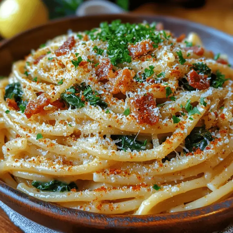 If you're seeking a dish that perfectly balances rich flavors, hearty textures, and nutritional benefits, look no further than Bacon & Spinach Pasta Delight. This delightful pasta recipe brings together the irresistible crunch of crispy bacon, the vibrant freshness of spinach, and a luxuriously creamy sauce that will make your taste buds sing. Whether you're planning a cozy weeknight dinner, a festive family gathering, or a casual get-together with friends, this dish is versatile enough to fit any occasion.