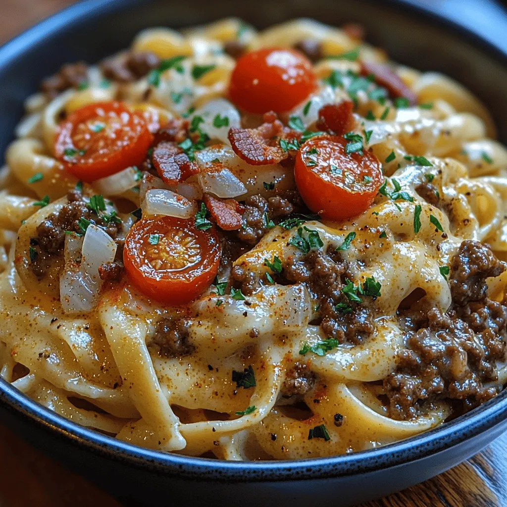 If you're looking for a dish that combines the comforting flavors of cheeseburgers with the creamy goodness of pasta, you've stumbled upon the perfect recipe: Loaded Cheeseburger Alfredo Pasta. This scrumptious creation merges two beloved comfort foods into one satisfying meal that will please both adults and kids alike. With its rich, creamy sauce, hearty ground beef, and a medley of cheeses, this dish is not only a feast for the taste buds but also a visual delight, making it ideal for family dinners or casual gatherings with friends.