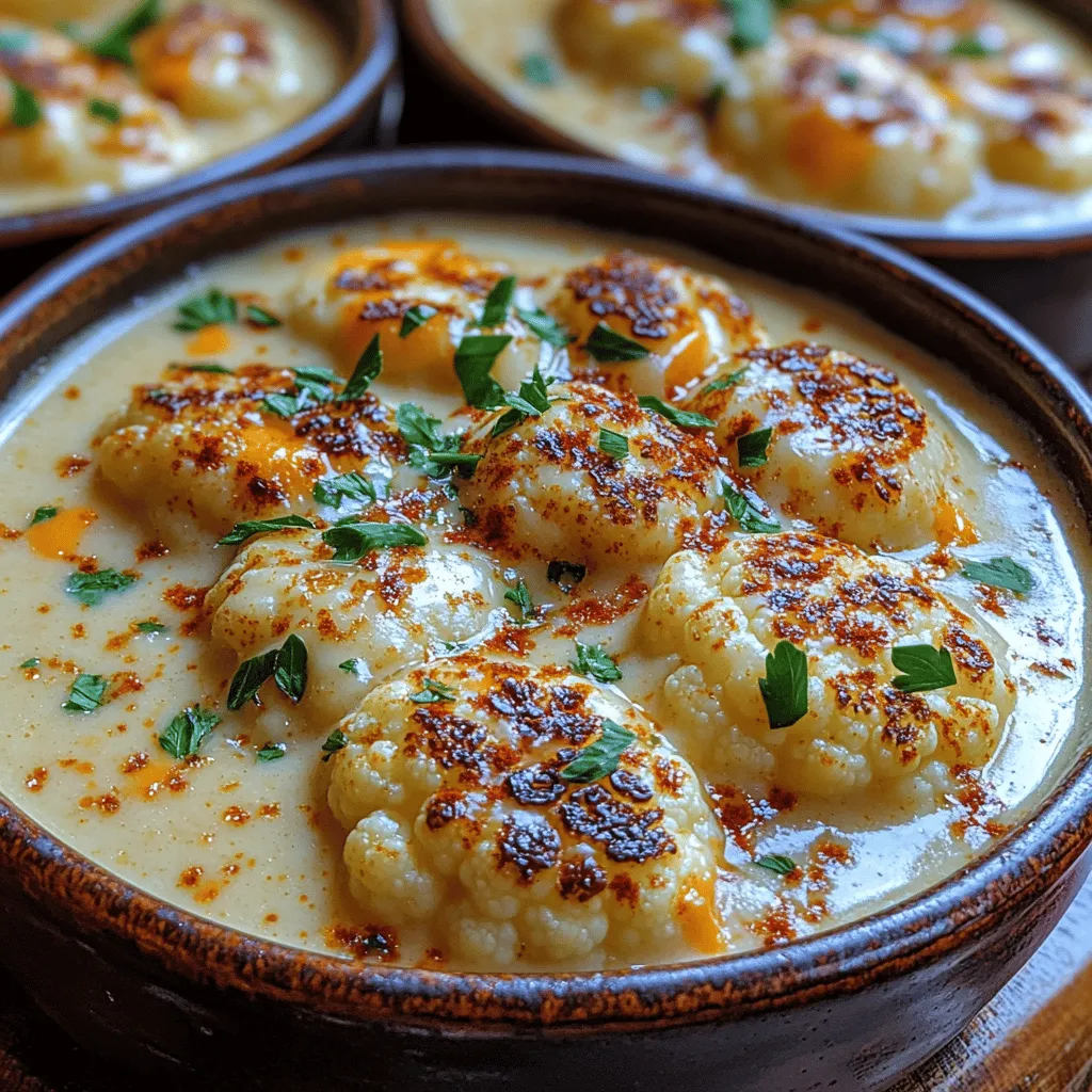 As the chill of autumn ushers in cozy evenings, there’s nothing quite like a warm bowl of soup to envelop you in comfort. Among the myriad of soup recipes, <strong>Creamy Roasted Garlic Cheddar Cauliflower Soup</strong> stands out as a rich and satisfying option that is perfect for any season. This dish marries the robust flavors of roasted garlic and sharp cheddar cheese with the subtle nuttiness of cauliflower, creating a velvety texture that warms the soul.” /></p>
</p>
<h3>Blending the Soup</h3>
</p>
<p>Blending the soup is a critical step in achieving that luxurious, creamy texture that makes this Creamy Roasted Garlic Cheddar Cauliflower Soup so irresistible. When it comes to blending hot liquids, safety is paramount. Here are some essential tips for a smooth blending process:</p>
</p>
<p>1. <strong>Let the Soup Cool Slightly</strong>: Allow the soup to cool for about 5-10 minutes before blending. This reduces the risk of hot steam causing your blender lid to pop off, which can lead to burns or spills.</p>
</p>
<p>2. <strong>Use a High-Powered Blender</strong>: A high-speed blender is ideal for achieving a velvety consistency. If you have an immersion blender, this is also a great option, as it allows you to blend directly in the pot, minimizing mess.</p>
</p>
<p>3. <strong>Blend in Batches</strong>: If your blender is not large enough to hold all the soup at once, divide it into smaller batches. Fill the blender only halfway to avoid overflow, and blend until smooth. Remember to hold the lid down with a kitchen towel to secure it while blending.</p>
</p>
<p>4. <strong>Control the Texture</strong>: For a chunkier soup, pulse the blender a few times instead of blending continuously. This will leave a few small pieces of cauliflower for added texture, if desired.</p>
</p>
<p>5. <strong>Taste and Adjust</strong>: After blending, taste the soup and adjust seasoning as necessary. This is a perfect time to add a pinch of salt, pepper, or even a hint of lemon juice to brighten the flavors.</p>
</p>
<h3>Finishing Touches</h3>
</p>
<p>Once your soup is blended to perfection, it’s time to add the finishing touches that elevate it to comfort food status.</p>
</p>
<p>1. <strong>Adding Cream and Cheese</strong>: Return the blended soup to the pot over low heat. Gradually stir in the heavy cream and shredded cheddar cheese, allowing them to melt into the soup. The cream adds a rich, velvety mouthfeel, while the cheddar infuses the soup with a delightful sharpness.</p>
</p>
<p>2. <strong>Achieving Creamy Consistency</strong>: For an ultra-creamy texture, ensure the cheese is at room temperature before adding it to the soup. This will help it melt more evenly. Stir continuously until the cheese is fully melted and incorporated. If you find the soup is too thick, you can thin it out with a little vegetable broth or additional cream until you reach your desired consistency.</p>
</p>
<h3>Serving Suggestions</h3>
</p>
<p>When it comes to serving your Creamy Roasted Garlic Cheddar Cauliflower Soup, presentation and pairing can enhance the dining experience significantly.</p>
</p>
<p>– <strong>Garnishes</strong>: A simple garnish can elevate the dish’s visual appeal and flavor profile. Freshly chopped parsley adds a pop of color and a fresh taste that complements the richness of the soup. Other excellent options include a drizzle of olive oil, a sprinkle of smoked paprika for a hint of spice, or even crispy bacon bits for those who enjoy a savory crunch.</p>
</p>
<p>– <strong>Pairing Suggestions</strong>: This soup pairs beautifully with crusty bread, perfect for dipping. A warm, artisan sourdough or a rustic baguette would be lovely accompaniments. Alternatively, consider serving a crisp green salad on the side, dressed with a light vinaigrette. The freshness of the salad contrasts nicely with the creamy soup, making for a balanced meal.</p>
</p>
<h3>Nutritional Benefits of the Soup</h3>
</p>
<p>This Creamy Roasted Garlic Cheddar Cauliflower Soup is not only comforting and delicious but also packed with health benefits.</p>
</p>
<p>– <strong>Low-Calorie Comfort Food</strong>: Cauliflower is a fantastic low-calorie substitute for heavier ingredients in traditional creamy soups. It provides volume without excessive calories, making this soup a satisfying option for those watching their weight. The addition of garlic not only enhances flavor but also supports immune health.</p>
</p>
<p>– <strong>Vitamins and Minerals</strong>: Cauliflower is rich in vitamins C and K, providing antioxidants that help reduce inflammation and promote overall health. Garlic adds a range of health benefits, including improved heart health and immune function. The cheese provides calcium and protein, while the heavy cream contributes fat-soluble vitamins.</p>
</p>
<h3>Tips for Customization</h3>
</p>
<p>One of the best features of this soup is its versatility. Here are some ideas for customization to make the recipe your own:</p>
</p>
<p>– <strong>Cheese Variations</strong>: While sharp cheddar is the star here, you can experiment with other cheeses for different flavor profiles. Gruyère, gouda, or even a spicy pepper jack can offer unique twists on the classic recipe.</p>
</p>
<p>– <strong>Adding Proteins</strong>: For a heartier meal, consider adding proteins such as shredded chicken or diced tofu. Both options will make the soup more filling while still maintaining its creamy texture.</p>
</p>
<p>– <strong>Spice It Up</strong>: If you enjoy a bit of heat, consider adding red pepper flakes, cayenne pepper, or even a splash of hot sauce to the soup. This will add depth and warmth, making it even more comforting.</p>
</p>
<h3>Conclusion</h3>
</p>
<p>In conclusion, this Creamy Roasted Garlic Cheddar Cauliflower Soup is more than just a recipe—it’s a warm bowl of comfort that can adapt to your preferences and dietary needs. With its rich flavors and creamy texture, this soup is perfect for cozy evenings or as a starter for a gathering. Whether you’re enjoying it with crusty bread, garnished with fresh parsley, or paired with a crisp salad, you’re sure to find satisfaction in every spoonful.</p>
</p>
<p>Encourage your friends and family to try this recipe, and don’t hesitate to make it your own. The ease of preparation, combined with the health benefits and comforting flavors, makes this dish a perfect choice for any occasion. So gather your ingredients, embrace the roasting process, and indulge in the delightful experience of homemade creamy soup.</p>
</div>
