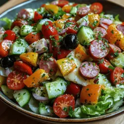 The Italian Grinder Salad is a delightful reflection of the vibrant, robust flavors found in Italian-American cuisine. This salad brings together an array of fresh ingredients, creating a colorful display that is as appetizing to the eyes as it is to the palate. With its crisp vegetables, savory meats, and creamy cheeses, the Italian Grinder Salad makes for a refreshing side dish or a light meal, perfect for a variety of occasions. Whether you’re hosting a casual family dinner, preparing for a summer barbecue, or setting up a festive gathering, this salad is sure to impress your guests and leave them craving more.
