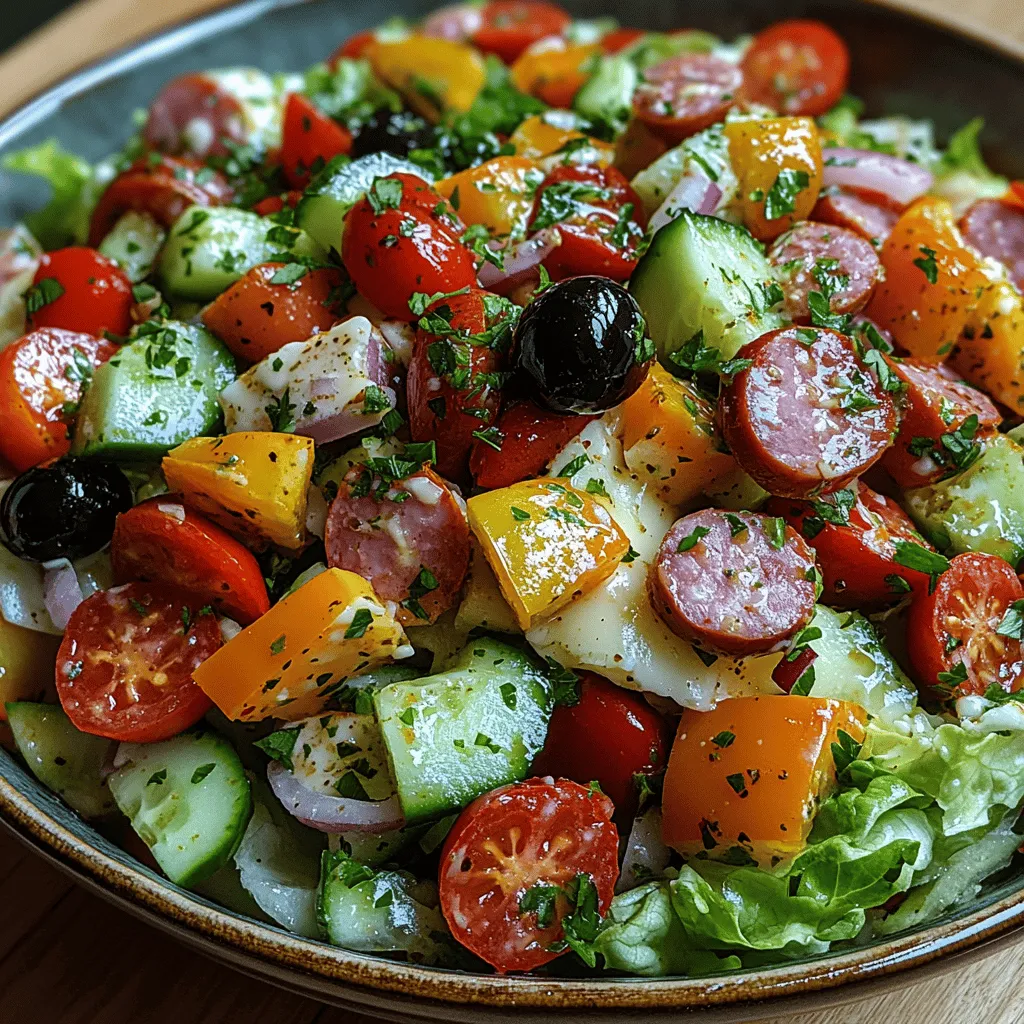 The Italian Grinder Salad is a delightful reflection of the vibrant, robust flavors found in Italian-American cuisine. This salad brings together an array of fresh ingredients, creating a colorful display that is as appetizing to the eyes as it is to the palate. With its crisp vegetables, savory meats, and creamy cheeses, the Italian Grinder Salad makes for a refreshing side dish or a light meal, perfect for a variety of occasions. Whether you’re hosting a casual family dinner, preparing for a summer barbecue, or setting up a festive gathering, this salad is sure to impress your guests and leave them craving more.