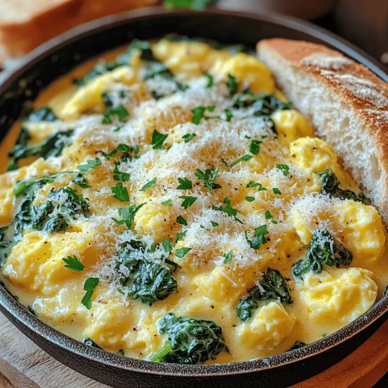 Overview of Eggs Eggs are a breakfast staple celebrated for their nutritional profile and culinary versatility. A single large egg contains about 6 grams of protein, along with essential vitamins and minerals such as Vitamin B12, Vitamin D, and selenium. They serve as a powerhouse of nutrients, making them an excellent choice for starting your day. In the context of Creamy Spinach and Eggs, they offer a rich, creamy texture when scrambled and provide the perfect base for the dish. Furthermore, eggs can be easily infused with flavors, enhancing the overall taste of your meal.