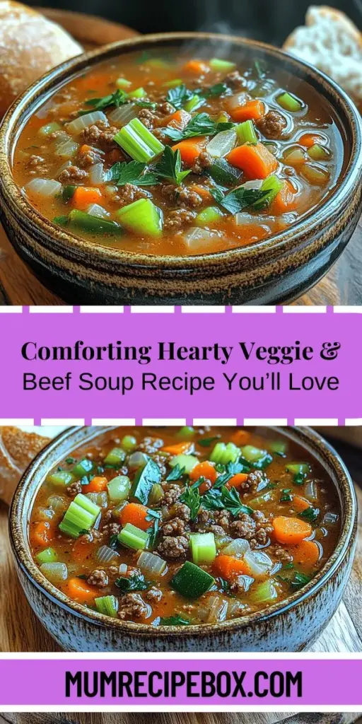 Discover the comforting goodness of Hearty Veggie & Beef Delight Soup, a nutritious dish perfect for any occasion. This hearty medley combines lean ground beef with a vibrant mix of vegetables, packed with essential vitamins and minerals. Easy to customize, it's ideal for meal prep and can be tailored to suit dietary preferences. Enjoy a fulfilling bowl that not only warms you up on chilly nights but also nourishes your body and soul. Dive into the recipe for a comforting culinary experience!