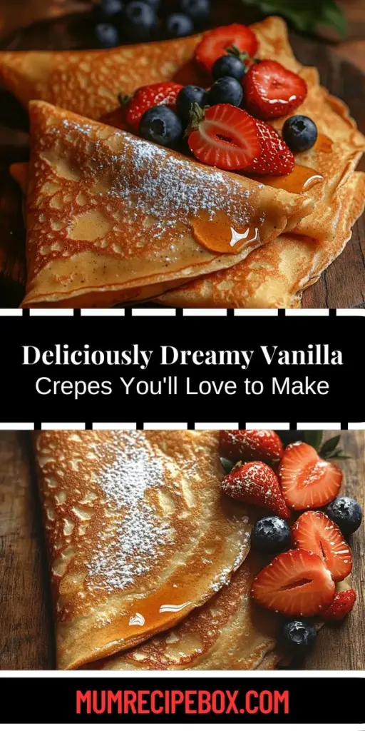 Discover the magic of homemade Dreamy Vanilla Crepes with this easy-to-follow recipe. These light, delicate pancakes can be customized with sweet or savory fillings, making them perfect for breakfast, brunch, or dessert. With just a few simple ingredients like flour, eggs, milk, and pure vanilla extract, you can create a delightful dish that impresses. Enjoy them topped with fresh fruits, whipped cream, or creative savory options. Elevate your cooking game and savor the joy of making these versatile crepes at home.