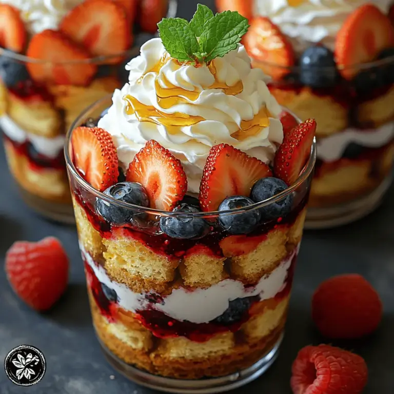 Welcome to a sweet escape into the world of dessert with our delightful Honey Berry Shortcake Trifles. This enchanting treat combines the classic flavors of shortcake with the freshness of mixed berries, all drizzled with honey goodness. At first glance, these trifles are not only a feast for the palate but also a visual delight that will steal the spotlight at any gathering. The beautiful layers of soft, buttery shortcake, vibrant berries, and luscious whipped cream create an irresistible dessert that is as pleasing to the eyes as it is to the taste buds.