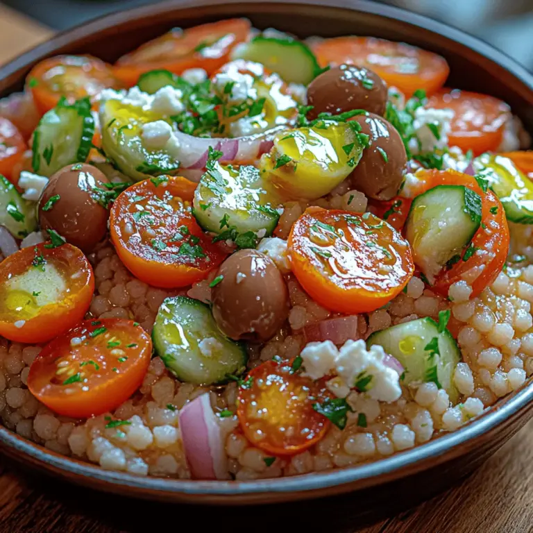 Explore the vibrant flavors of the Mediterranean with the delightful Mediterranean Couscous Salad. This refreshing dish is not only quick to prepare but also packed with nutritious ingredients that embody the essence of Mediterranean cuisine. With a harmonious blend of fresh vegetables, creamy feta, and aromatic herbs, this salad serves as a perfect side dish or a light main course. Its versatility allows it to complement grilled meats, seafood, or stand alone as a wholesome vegetarian option.
