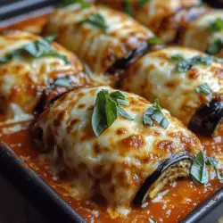 Cheesy Baked Eggplant Rollatini Delight is a culinary masterpiece that beautifully marries the rich, comforting flavors of Italian cuisine with a healthy twist. This dish features tender, roasted eggplant slices rolled around a creamy cheese filling, smothered in marinara sauce, and baked to perfection. It is an indulgent yet guilt-free option for vegetarians and anyone looking to incorporate more plant-based meals into their diet. The allure of this dish lies not only in its enticing taste but also in its vibrant presentation, making it a perfect centerpiece for family dinners or gatherings.