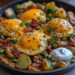 Start your day off right with a hearty and satisfying meal that combines the best of breakfast favorites into one delicious dish: the Loaded Baked Potato Breakfast Skillet. This dish is a wonderful amalgamation of fluffy, seasoned potatoes, crispy bacon, rich cheese, and perfectly cooked eggs, making it not only a treat for your taste buds but also a nourishing way to kickstart your day. As breakfast is often heralded as the most important meal of the day, investing time in a nutritious and filling option like this one can set a positive tone for whatever lies ahead.