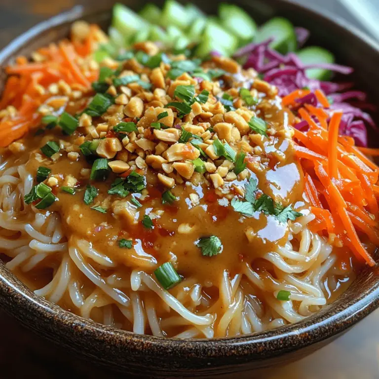 Chilled Thai Peanut Noodle Delight is a refreshing and flavor-packed dish that brings the vibrant tastes of Thailand directly to your table. This dish is not only a feast for the eyes but also a culinary triumph that tantalizes the taste buds. The creamy peanut sauce, combined with the chewy texture of rice noodles and the crunch of fresh vegetables, creates a delightful harmony of flavors and textures. Whether you’re looking for a light lunch, a satisfying dinner, or a unique side dish for your next gathering, this recipe is versatile enough to fit any occasion.