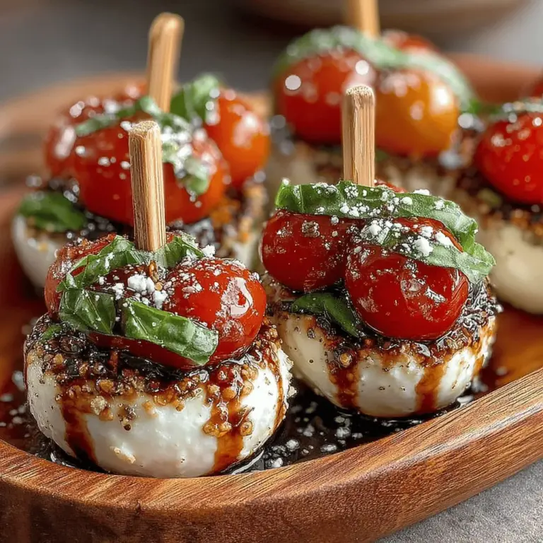 To create the perfect Mini Caprese Bites, the assembly process is simple yet rewarding. Begin by threading a cherry tomato onto a skewer. Next, follow it with a fresh basil leaf, which adds aromatic freshness, and finish with a mozzarella ball. This straightforward technique ensures a delightful combination of flavors in every bite, with the juiciness of the tomato, the creaminess of the mozzarella, and the fragrant basil perfectly complementing each other.