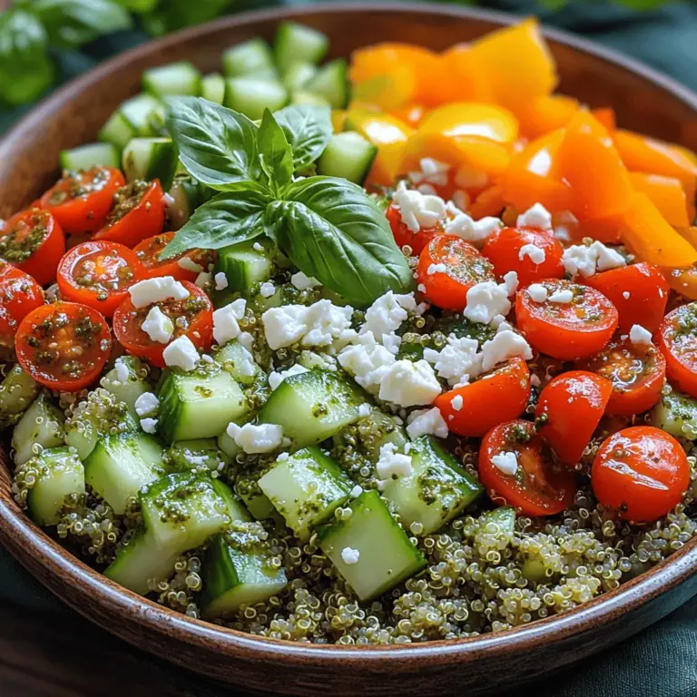 Bright Basil Pesto Quinoa Salad is not just another salad; it’s a vibrant dish that marries the earthy, nutty flavors of quinoa with the fresh, aromatic essence of basil pesto. This recipe is a celebration of Mediterranean flavors, reflecting the region’s fondness for fresh herbs and wholesome grains. Originating from the Italian countryside, pesto has long been a staple in Italian cuisine, traditionally made from fresh basil leaves, garlic, pine nuts, Parmesan cheese, and olive oil. When combined with quinoa, a protein-packed superfood from the Andes, this dish transforms into a nutritious powerhouse that’s perfect for lunch, dinner, or even as a delightful side dish.