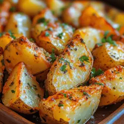 When it comes to comfort food, few dishes can rival the charm of golden, crispy potato wedges. These Golden Crunch Garlic Herb Potato Wedges are not only a feast for the eyes but also a delightful treat for the palate. With their perfectly seasoned exterior and tender inside, these wedges are a versatile addition to any meal, serving as an excellent side dish or a satisfying snack on their own. The combination of garlic, aromatic herbs, and a hint of smokiness from paprika creates a flavor profile that is both comforting and inviting—perfect for family dinners, game day gatherings, or a cozy movie night.