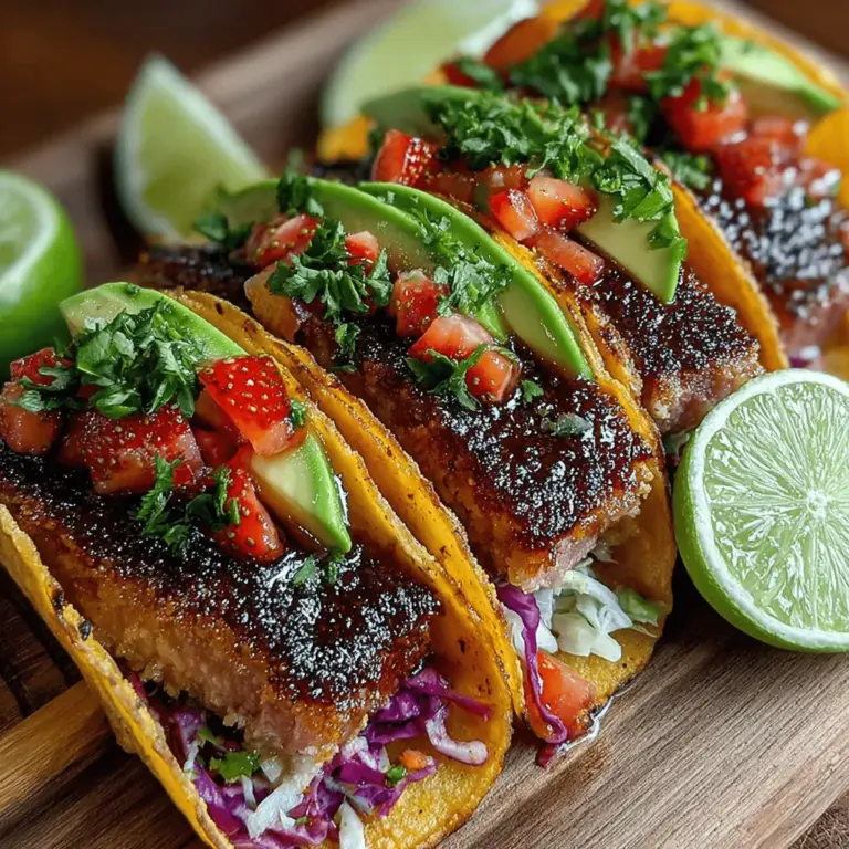 Tropical Tuna Tacos with Strawberry Slaw is a vibrant and refreshing dish that perfectly encapsulates the essence of summer. This unique recipe highlights the delightful combination of fresh sushi-grade tuna, a colorful strawberry slaw, and creamy avocado, all nestled within warm corn tortillas. With every bite, you'll experience a burst of flavors and textures that transport you to a sunny beachside getaway. This dish not only pleases the palate but also offers a plethora of health benefits, making it an excellent choice for anyone seeking a nutritious meal.