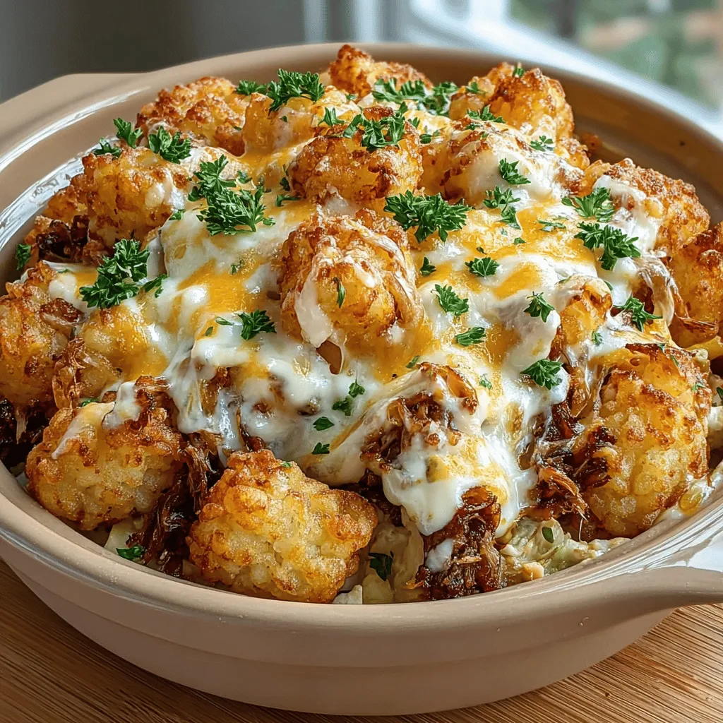 To create the delicious base for your Cheesy Ranch Chicken Tater Tot Delight, start by gathering the essential ingredients. You will need shredded cooked chicken, a packet of ranch seasoning mix, cream of chicken soup, and sour cream. In a large mixing bowl, combine these ingredients thoroughly. It’s crucial to ensure that the ranch seasoning is evenly distributed throughout the chicken and creamy components. This not only infuses every bite with rich flavor but also guarantees that no single mouthful is bland. Use a spatula or wooden spoon to mix until the chicken is well-coated and the ranch seasoning is fully integrated into the mixture. The resulting blend should be creamy and flavorful, setting the foundation for a delightful dish.