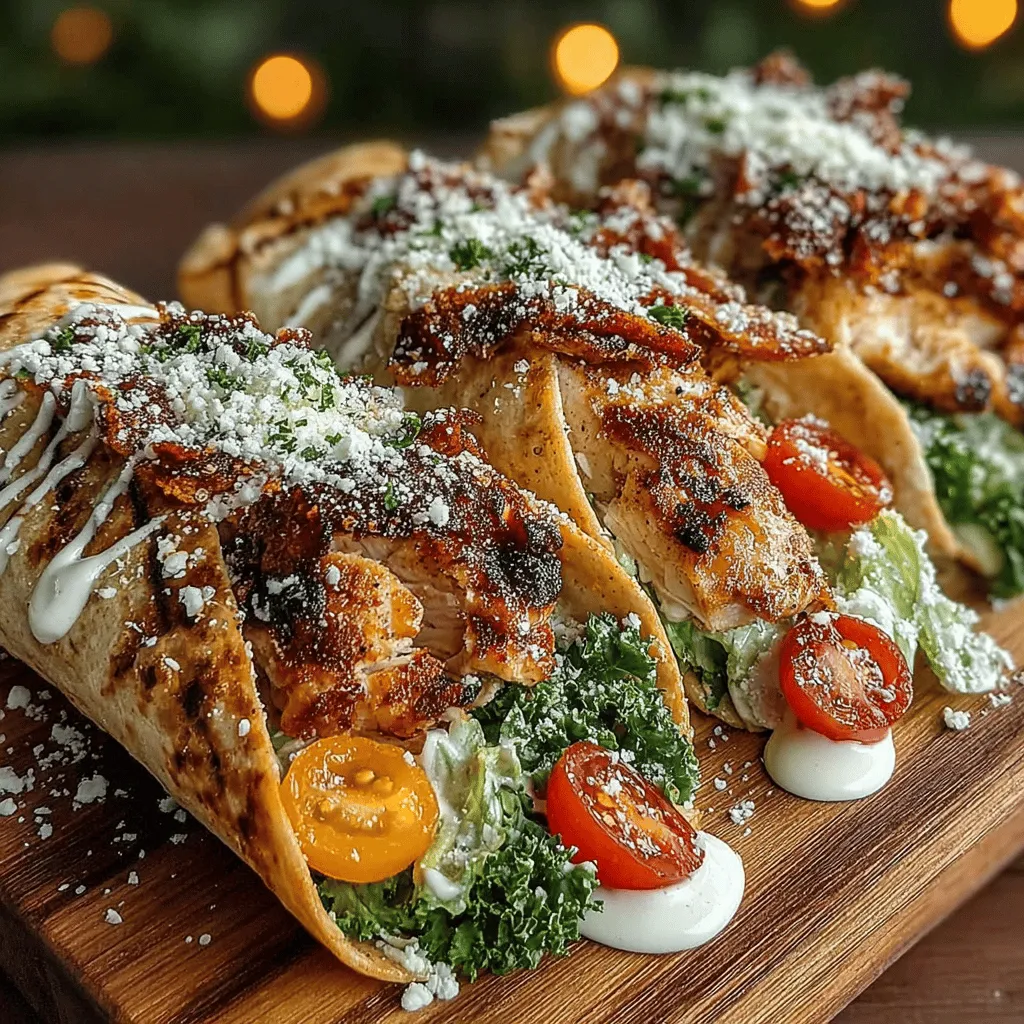 <strong>Introduction</strong>” /></p>
</p>
<h2>Cooking Time and Internal Temperature for Food Safety</h2>
</p>
<p>When preparing Grilled Chicken Caesar Wraps, timing and food safety are paramount. The total cooking time for the chicken is approximately 12-15 minutes, depending on the thickness of the chicken breast. Utilize a meat thermometer to check for doneness; the internal temperature should reach 165°F (75°C) to ensure the chicken is safely cooked through. This temperature prevents the risk of foodborne illnesses, making it crucial for your health and safety.</p>
</p>
<h2>Tips on Resting the Chicken Post-Grilling for Juiciness</h2>
</p>
<p>Once the chicken has reached the appropriate temperature, remove it from the grill and let it rest for about 5-10 minutes before slicing. Resting allows the juices to redistribute throughout the meat, preventing it from drying out when cut. This simple step is essential for achieving succulent, flavorful chicken that enhances the overall taste of your wraps.</p>
</p>
<h2>Preparing the Wraps</h2>
</p>
<h3>Spreading the Dressing: Techniques to Avoid Spillage</h3>
</p>
<p>Before assembling your Grilled Chicken Caesar Wraps, prepare your dressing. This classic Caesar dressing adds a creamy tanginess that complements the grilled chicken beautifully. To spread the dressing evenly without making a mess, consider using a spatula or the back of a spoon. Start from the center of the tortilla and work your way outward in a circular motion, ensuring an even layer while keeping the dressing within the confines of the wrap.</p>
</p>
<h3>Importance of Layering Ingredients for Flavor Balance</h3>
</p>
<p>Layering is key to achieving a balanced flavor in your wraps. The order in which you add ingredients affects not only taste but also the structure of your wrap. Start with a base of greens, like romaine lettuce, followed by the sliced grilled chicken, and then add cheese, croutons, and any additional toppings you desire. This method ensures that each bite is packed with flavor while maintaining the wrap’s integrity.</p>
</p>
<h2>Assembling the Wraps</h2>
</p>
<h3>Step-by-Step Guide on Layering Ingredients Effectively</h3>
</p>
<p>1. <strong>Lay the Tortilla Flat</strong>: Start with a large whole wheat tortilla on a clean surface.</p>
<p>2. <strong>Add the Dressing</strong>: Spread your Caesar dressing in the center of the tortilla.</p>
<p>3. <strong>Layer the Greens</strong>: Place a handful of chopped romaine lettuce on top of the dressing.</p>
<p>4. <strong>Add the Chicken</strong>: Place several slices of grilled chicken over the greens.</p>
<p>5. <strong>Sprinkle the Cheese</strong>: Add a sprinkle of grated Parmesan cheese for a savory punch.</p>
<p>6. <strong>Toss in Croutons</strong>: For an added crunch, sprinkle a few croutons on top.</p>
<p>7. <strong>Customize Your Wrap</strong>: Feel free to add any additional toppings like diced tomatoes, bell peppers, or avocado for extra flavor.</p>
</p>
<h3>Visual Cues for Achieving the Perfect Wrap</h3>
</p>
<p>To achieve the perfect wrap, ensure that you leave about 2 inches of space along the edges of the tortilla. This will prevent spillage when you roll the wrap. Once your fillings are in place, fold in the sides of the tortilla and then roll it tightly from the bottom to the top. The key is to maintain even pressure as you roll to keep everything compact and secure.</p>
</p>
<h2>Optional Grilling of the Wraps</h2>
</p>
<h3>Benefits of Grilling the Assembled Wraps: Texture and Flavor Enhancement</h3>
</p>
<p>For those who enjoy a crispy exterior and a smoky flavor, consider grilling your assembled wraps for an extra layer of deliciousness. Grilling not only enhances the texture but also adds a wonderful char that elevates the overall flavor profile of the dish.</p>
</p>
<h3>Instructions for Achieving a Crispy Exterior</h3>
</p>
<p>1. Preheat your grill to medium heat.</p>
<p>2. Lightly brush the outside of each assembled wrap with olive oil to help crisp the tortilla.</p>
<p>3. Place the wraps on the grill, seam side down, for about 2-3 minutes per side or until golden brown and crispy.</p>
<p>4. Use a spatula to gently press the wraps down while they cook to ensure even grilling.</p>
</p>
<h2>Serving Suggestions</h2>
</p>
<h3>Ideas for Presentation</h3>
</p>
<p>Present your Grilled Chicken Caesar Wraps in an appealing manner. Slice each wrap in half diagonally and arrange them on a platter. Garnish with a sprinkle of extra Parmesan cheese or fresh parsley to add a pop of color. Additionally, serving them with a side of fresh fruit or a light salad can enhance the meal’s presentation and nutritional value.</p>
</p>
<h3>Suggesting Extra Dressing for Dipping and Enhancing the Experience</h3>
</p>
<p>For those who love extra flavor, serve additional Caesar dressing on the side for dipping. This not only enhances the overall experience but also allows individuals to adjust the flavor to their liking. You could also include a small dish of homemade salsa or a tangy yogurt sauce for a twist.</p>
</p>
<h2>Nutritional Information</h2>
</p>
<p>When considering the health benefits of Grilled Chicken Caesar Wraps, it’s essential to highlight their nutritious components. Here’s an overview of what you get in each serving:</p>
</p>
<p>– <strong>Calories</strong>: Approximately 400-500 calories per wrap, depending on portion sizes and ingredients.</p>
<p>– <strong>Protein Content</strong>: Each wrap provides a substantial amount of protein, thanks to the grilled chicken and cheese, making it a filling meal option.</p>
<p>– <strong>Fiber</strong>: The whole wheat tortilla contributes dietary fiber, promoting digestive health.</p>
</p>
<p>These nutritional benefits make Grilled Chicken Caesar Wraps a well-rounded meal choice that satisfies hunger while providing essential nutrients.</p>
</p>
<h2>Variations and Customization Ideas</h2>
</p>
<h3>Suggestions for Ingredient Substitutions</h3>
</p>
<p>To keep your Grilled Chicken Caesar Wraps exciting, consider the following ingredient substitutions:</p>
</p>
<p>– For a different protein, try grilled shrimp, turkey, or even tofu for a vegetarian option.</p>
<p>– Experiment with various dressings, such as a yogurt-based Caesar or a balsamic vinaigrette, for a unique twist.</p>
</p>
<h3>Vegetarian Options for the Wraps</h3>
</p>
<p>For a delicious vegetarian version, substitute the grilled chicken with roasted chickpeas or marinated grilled vegetables. Adding extra greens like spinach or arugula can enhance the flavor while adding nutritious value.</p>
</p>
<h3>Seasonal Add-Ins to Keep the Recipe Fresh Throughout the Year</h3>
</p>
<p>Incorporate seasonal ingredients to keep your wraps fresh and exciting. During the summer, try adding fresh tomatoes or cucumbers. In the fall, consider roasted squash or apples for a sweet and savory combination. This flexibility allows you to enjoy Grilled Chicken Caesar Wraps year-round while using fresh, seasonal produce.</p>
</p>
<h2>Conclusion</h2>
</p>
<p>Grilled Chicken Caesar Wraps are an ideal solution for busy individuals and families seeking a meal that is both delicious and nutritious. They offer a perfect balance of flavors, from the savory grilled chicken to the creamy Caesar dressing, all wrapped in a wholesome tortilla. The ease of preparation makes it a go-to recipe for weeknight dinners or packed lunches.</p>
</p>
<p>By trying your hand at these wraps, you not only create a delightful culinary experience but also ensure that you and your loved ones are enjoying a healthy meal. So grab your ingredients and get ready to enjoy these scrumptious wraps at home!</p>
</div>